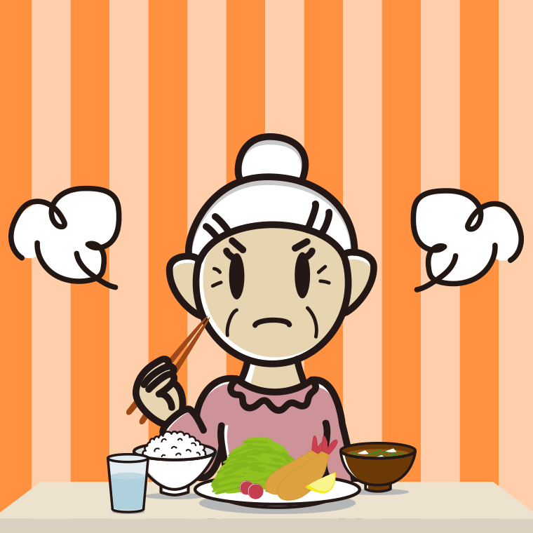 怒りながら食事をするおばあさんのイラスト【色、背景あり】PNG