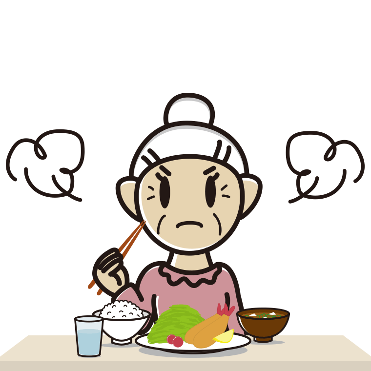 怒りながら食事をするおばあさんのイラスト【色あり、背景なし】透過PNG