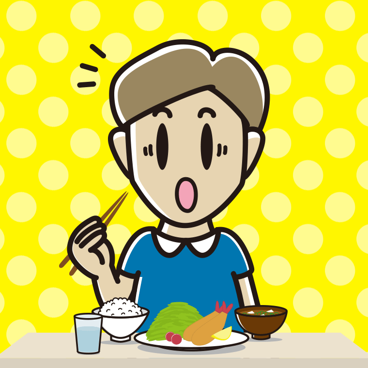 食事中に驚く男性のイラスト【色、背景あり】PNG