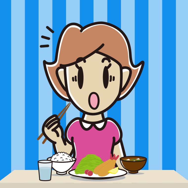 食事中に驚く女性のイラスト【色、背景あり】PNG