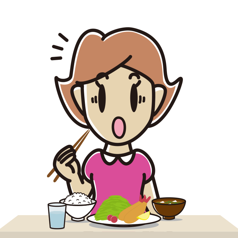 食事中に驚く女性のイラスト【色あり、背景なし】透過PNG