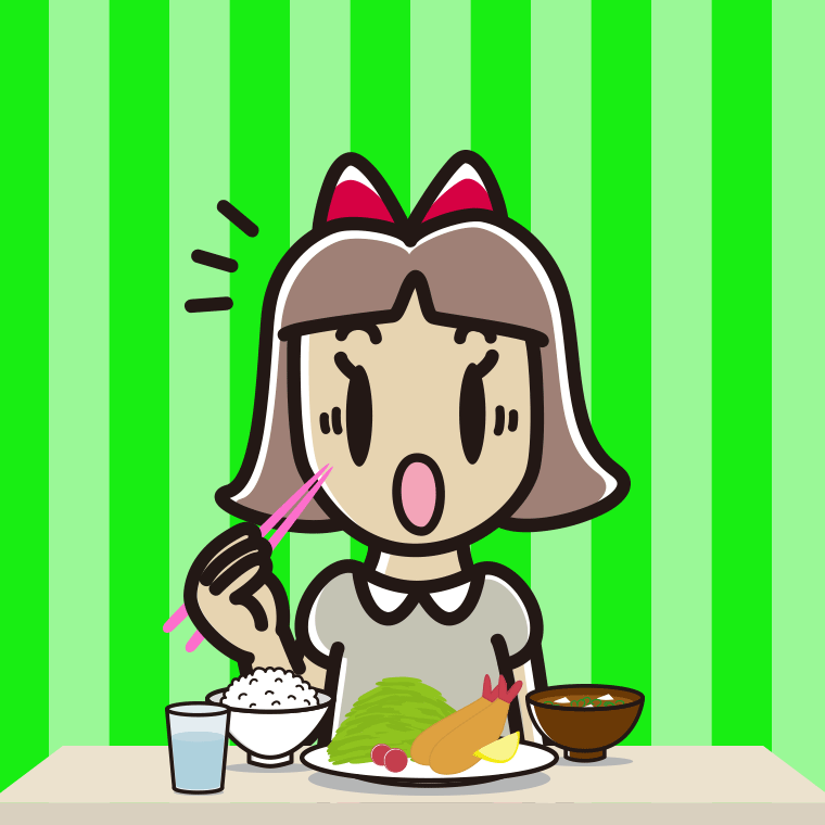 食事中に驚く小学生女子のイラスト【色、背景あり】PNG