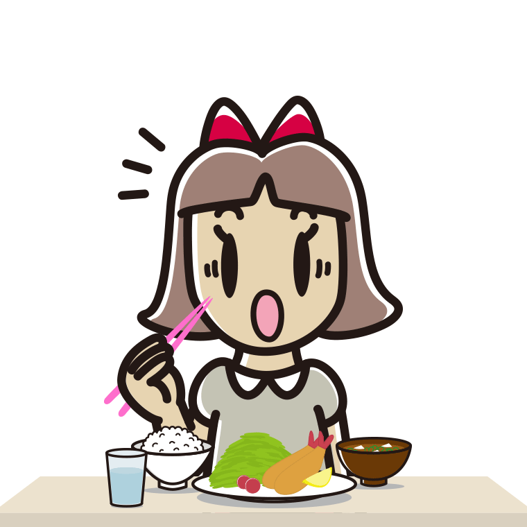 食事中に驚く小学生女子のイラスト【色あり、背景なし】透過PNG
