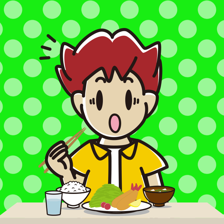 食事中に驚く男子大学生のイラスト【色、背景あり】PNG