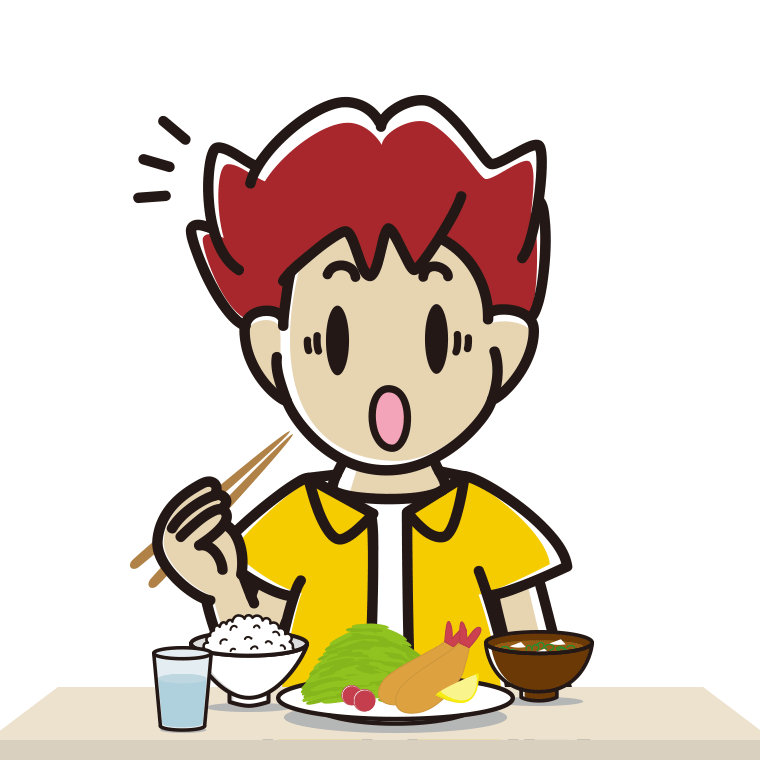 食事中に驚く男子大学生のイラスト【色あり、背景なし】透過PNG