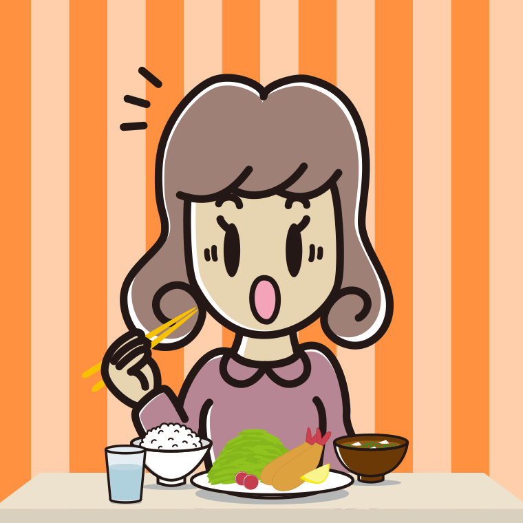 食事中に驚く女子大学生のイラスト【色、背景あり】PNG