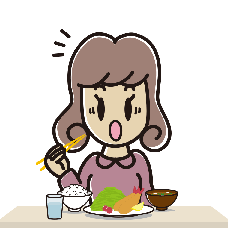 食事中に驚く女子大学生のイラスト【色あり、背景なし】透過PNG
