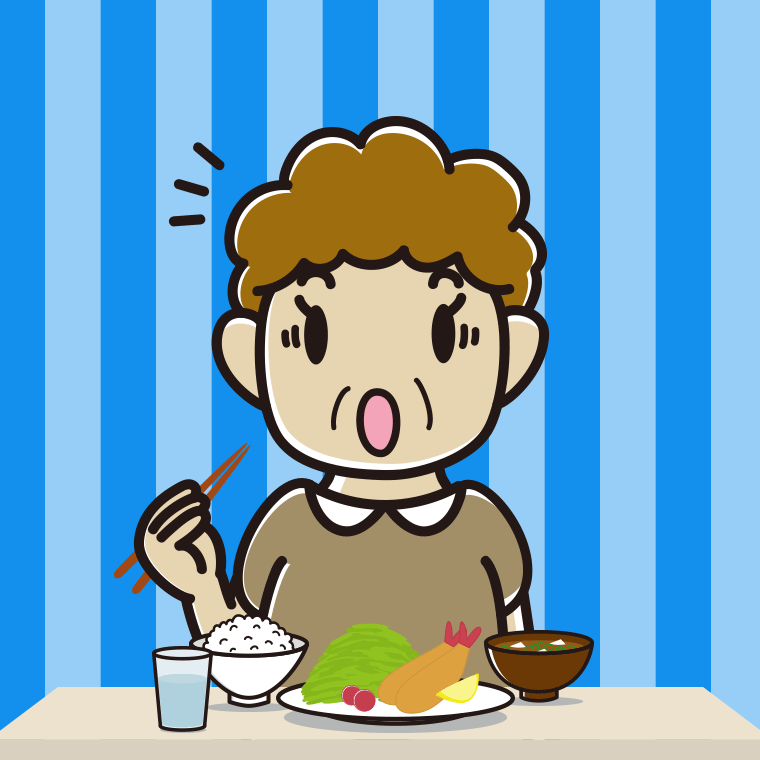食事中に驚くおばさんのイラスト【色、背景あり】PNG