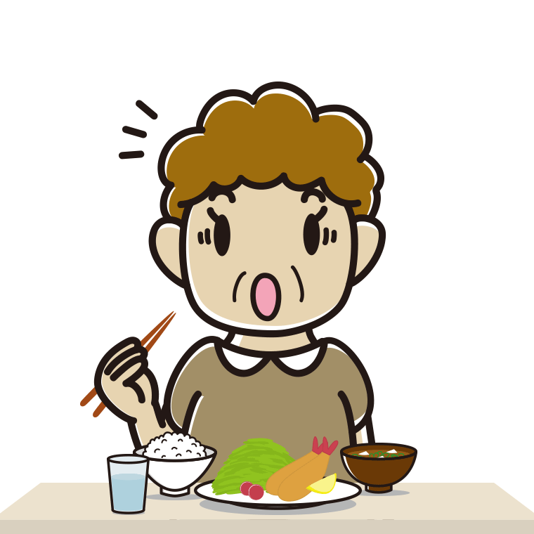 食事中に驚くおばさんのイラスト【色あり、背景なし】透過PNG
