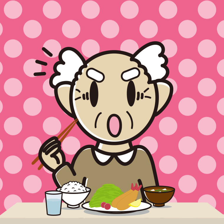 食事中に驚くおじいさんのイラスト【色、背景あり】PNG