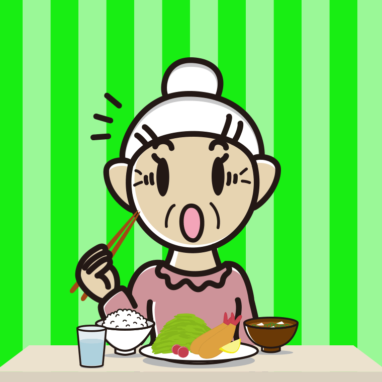 食事中に驚くおばあさんのイラスト【色、背景あり】PNG