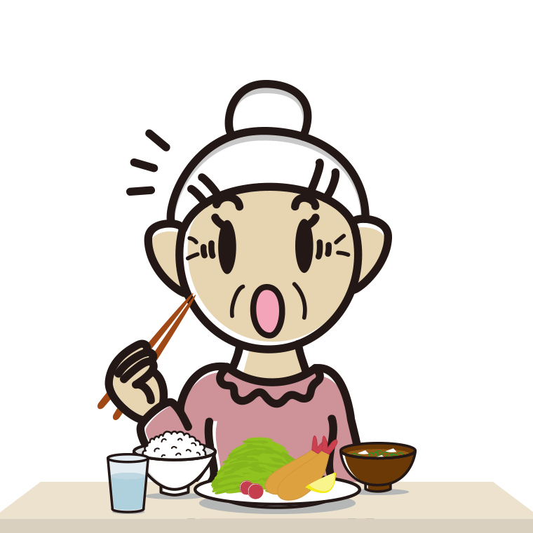 食事中に驚くおばあさんのイラスト【色あり、背景なし】透過PNG