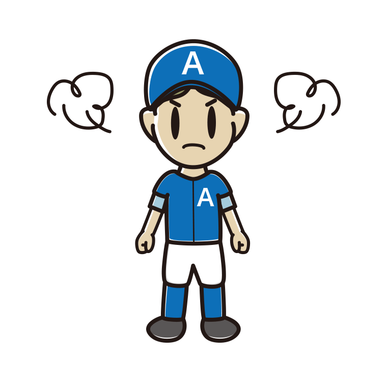 怒る野球のユニフォーム姿の小学生男子のイラスト【色あり、背景なし】透過PNG