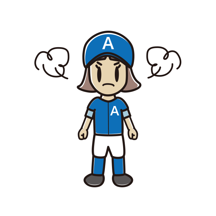怒る野球のユニフォーム姿の小学生女子のイラスト【色あり、背景なし】透過PNG