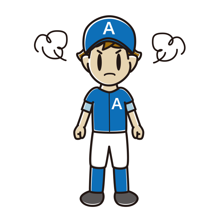 怒る野球のユニフォーム姿の男子高校生のイラスト【色あり、背景なし】透過PNG