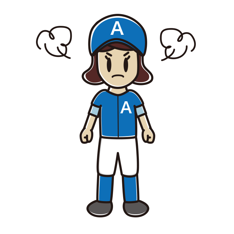 怒る野球のユニフォーム姿の女子高校生のイラスト【色あり、背景なし】透過PNG