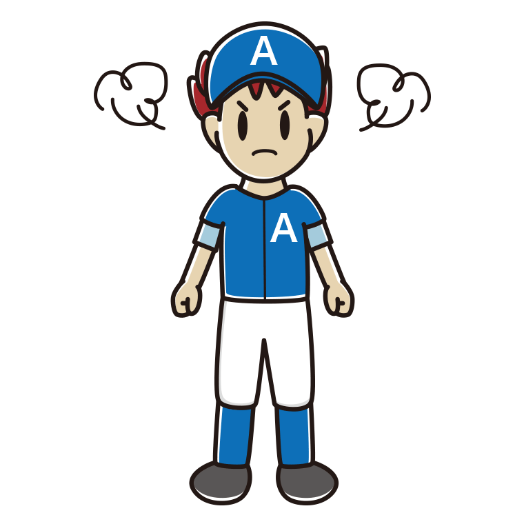 怒る野球のユニフォーム姿の男子大学生のイラスト【色あり、背景なし】透過PNG
