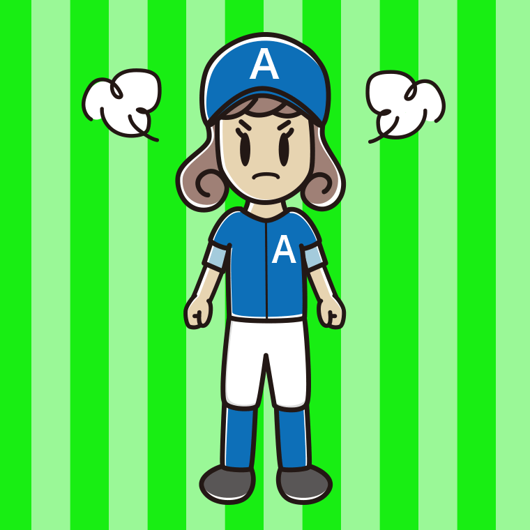 怒る野球のユニフォーム姿の女子大学生のイラスト【色、背景あり】PNG