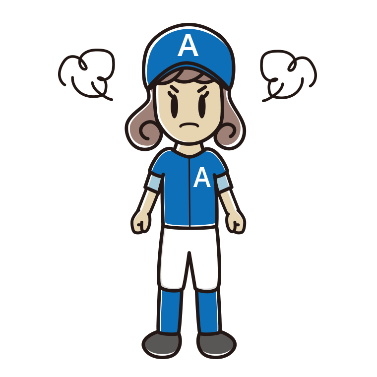 怒る野球のユニフォーム姿の女子大学生のイラスト【色あり、背景なし】透過PNG