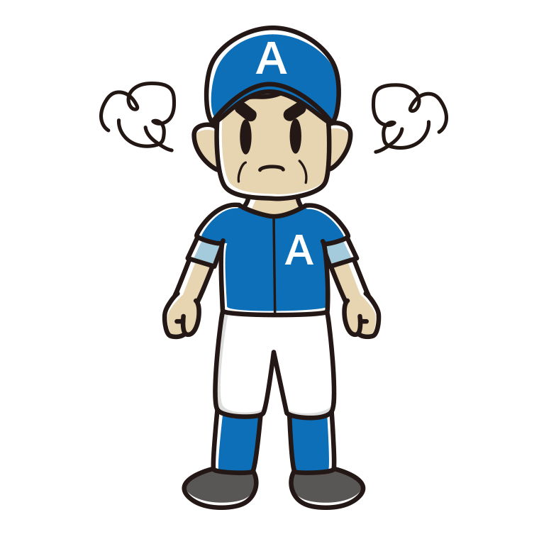 怒る野球のユニフォーム姿のおじさんのイラスト【色あり、背景なし】透過PNG