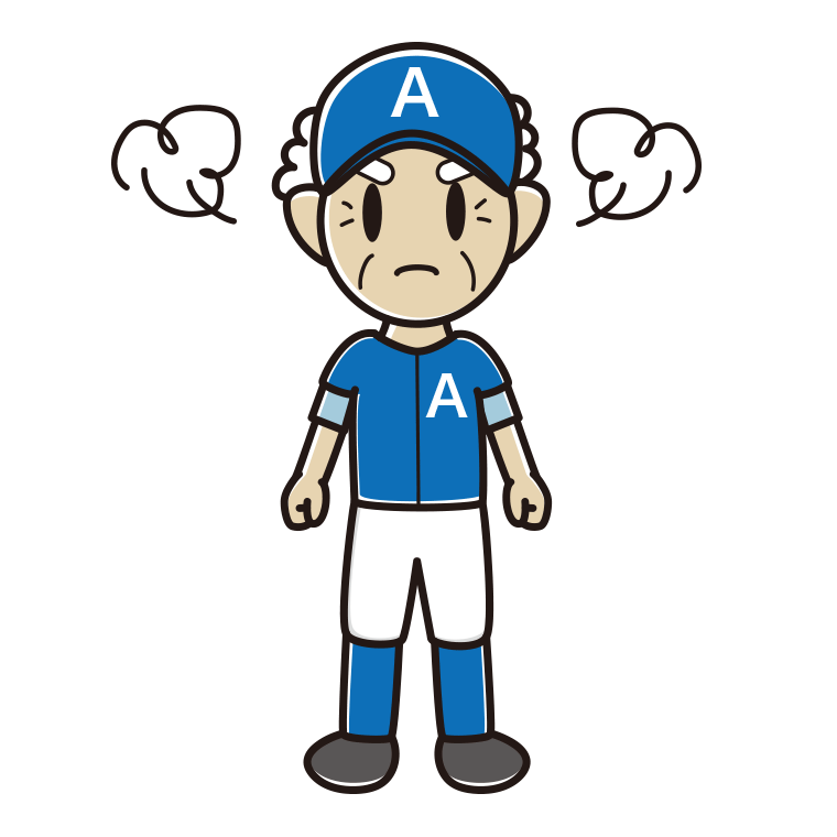 怒る野球のユニフォーム姿のおじいさんのイラスト【色あり、背景なし】透過PNG