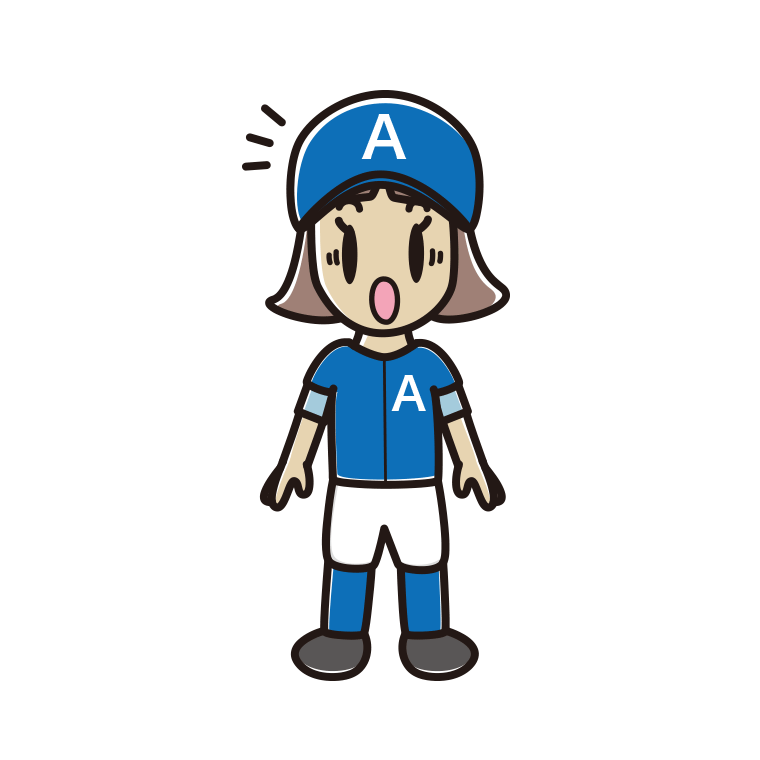 驚く野球のユニフォーム姿の小学生女子のイラスト【色あり、背景なし】透過PNG