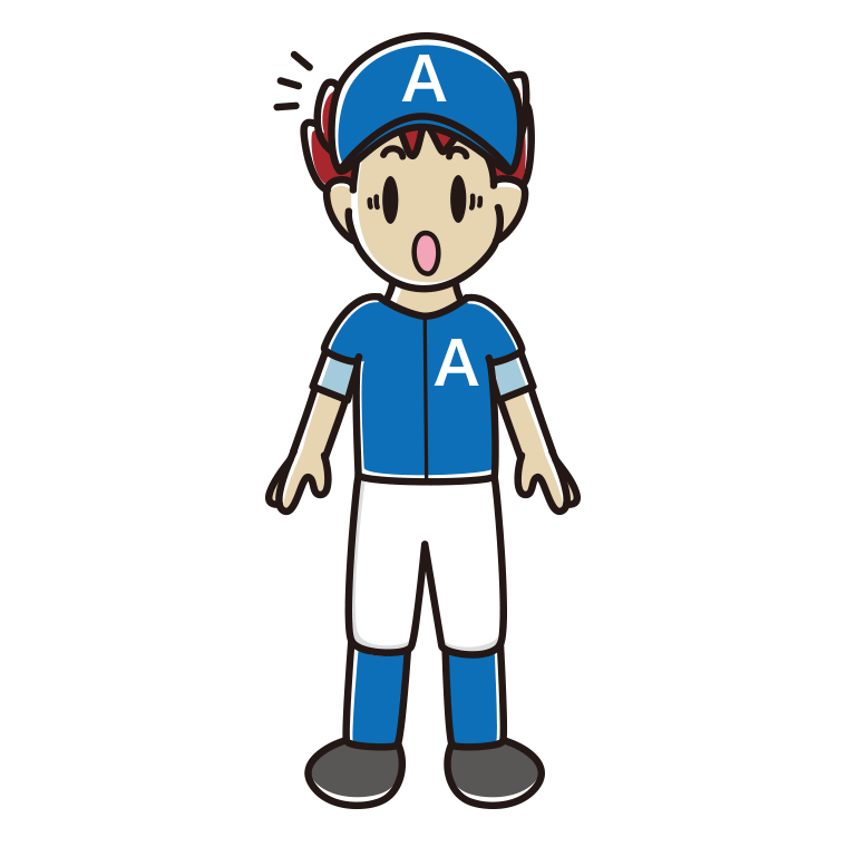 驚く野球のユニフォーム姿の男子大学生のイラスト【色あり、背景なし】透過PNG