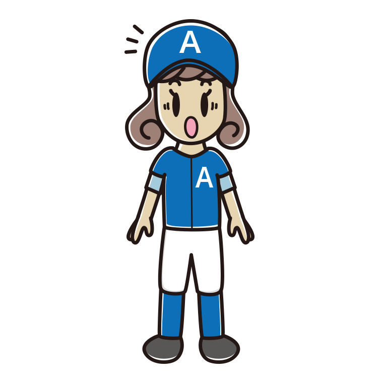 驚く野球のユニフォーム姿の女子大学生のイラスト【色あり、背景なし】透過PNG