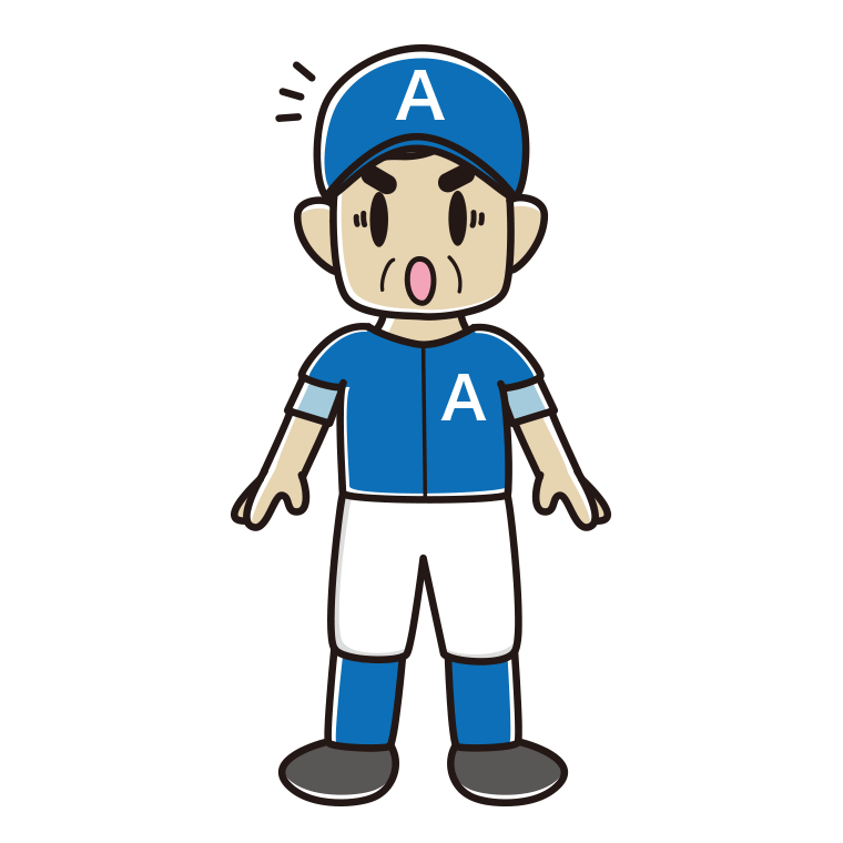 驚く野球のユニフォーム姿のおじさんのイラスト【色あり、背景なし】透過PNG