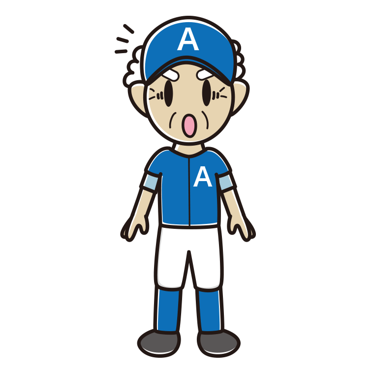 驚く野球のユニフォーム姿のおじいさんのイラスト【色あり、背景なし】透過PNG