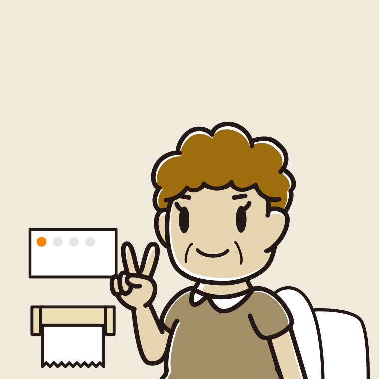 トイレでピースをするおばさんのイラスト【色、背景あり】PNG