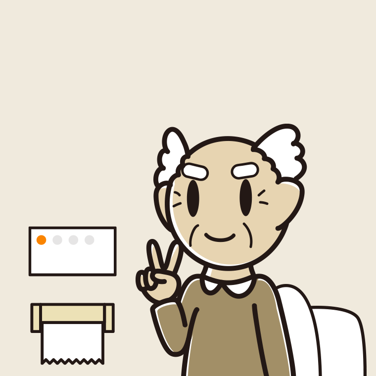 トイレでピースをするおじいさんのイラスト【色、背景あり】PNG