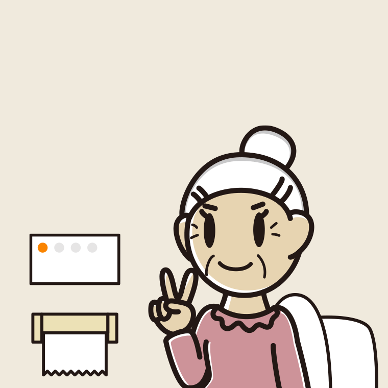 トイレでピースをするおばあさんのイラスト【色、背景あり】PNG