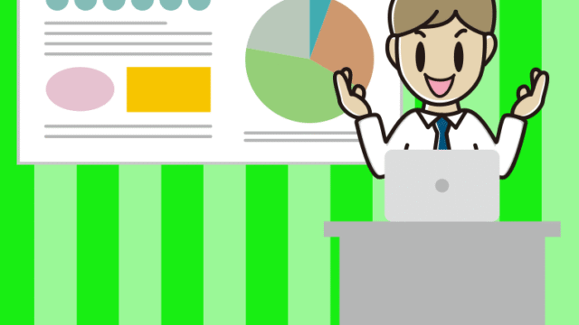 プレゼンする男性会社員（ワイシャツ）のイラスト【色、背景あり】PNG