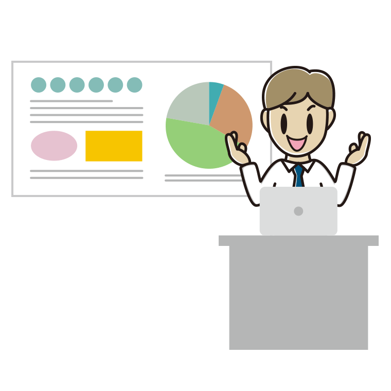 プレゼンする男性会社員（ワイシャツ）のイラスト【色あり、背景なし】透過PNG