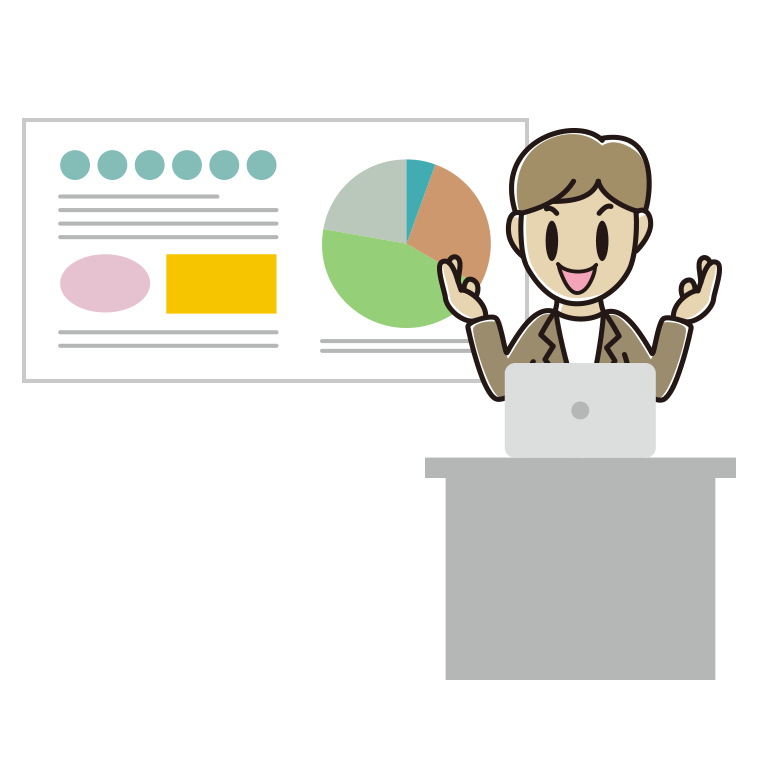 プレゼンする男性会社員（カジュアル）のイラスト【色あり、背景なし】透過PNG