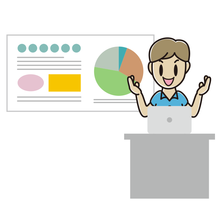 プレゼンする男性会社員（クールビズ）のイラスト【色あり、背景なし】透過PNG