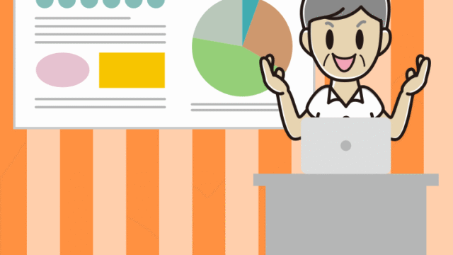 プレゼンする年配男性会社員（クールビズ）のイラスト【色、背景あり】PNG