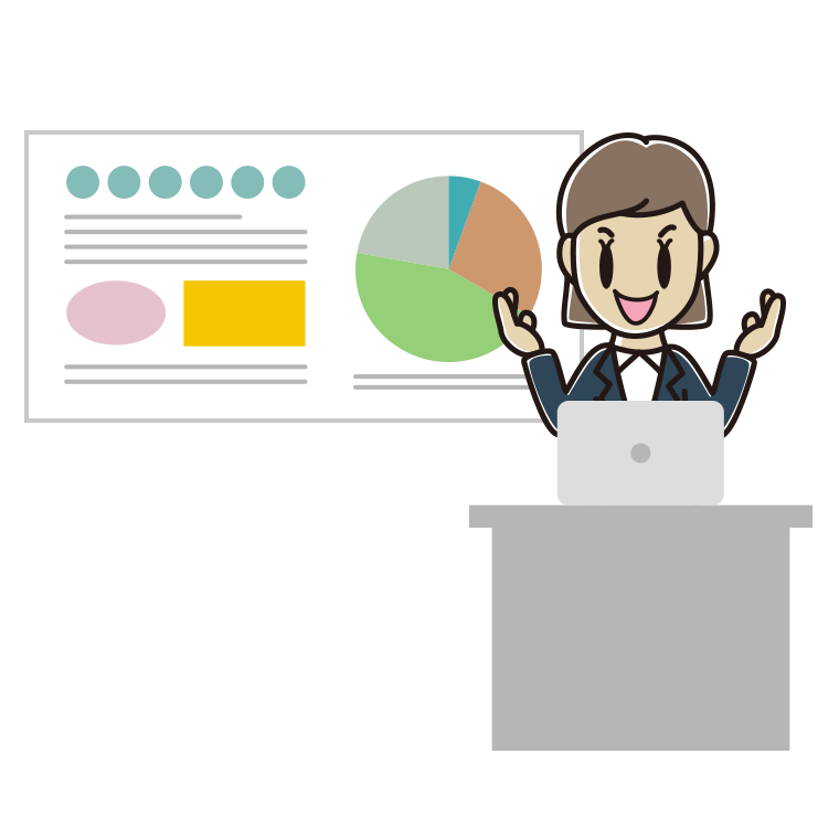 プレゼンする女性会社員のイラスト【色あり、背景なし】透過PNG