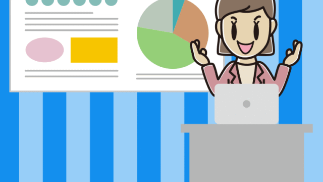 プレゼンする女性会社員（カジュアル）のイラスト【色、背景あり】PNG