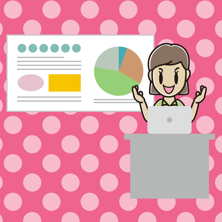 プレゼンする女性会社員（クールビズ）のイラスト【色、背景あり】PNG