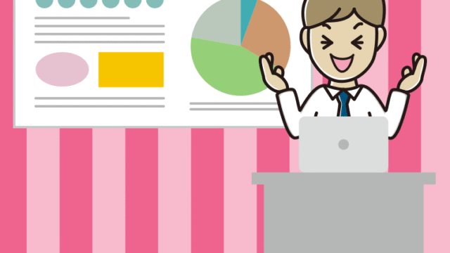 プレゼンで笑う男性会社員（ワイシャツ）のイラスト【色、背景あり】PNG