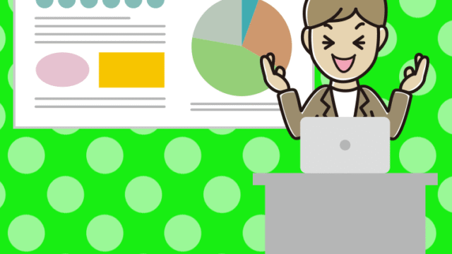 プレゼンで笑う男性会社員（カジュアル）のイラスト【色、背景あり】PNG