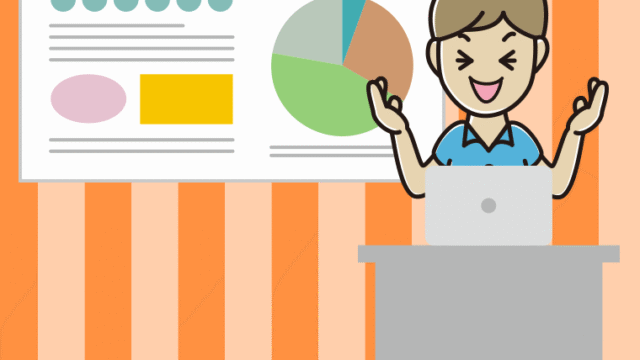 プレゼンで笑う男性会社員（クールビズ）のイラスト【色、背景あり】PNG