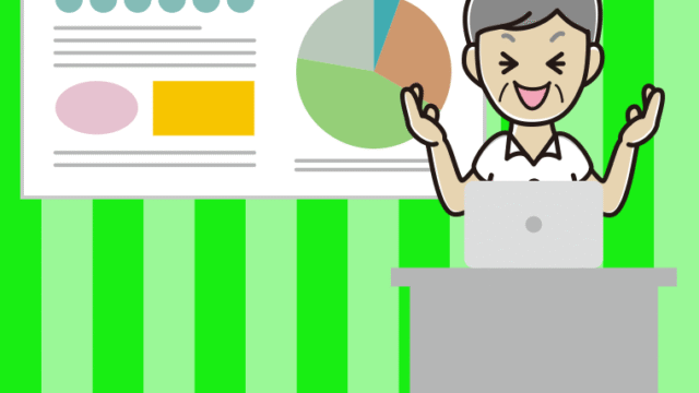 プレゼンで笑う年配男性会社員（クールビズ）のイラスト【色、背景あり】PNG