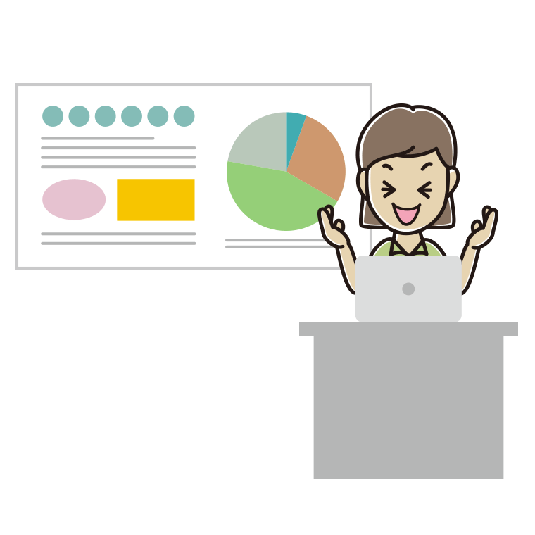 プレゼンで笑う女性会社員（クールビズ）のイラスト【色あり、背景なし】透過PNG