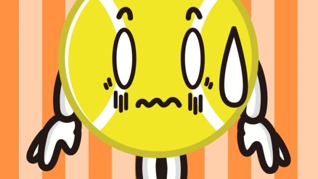 ショックを受けるテニスボールちゃんのイラスト【色、背景あり】PNG