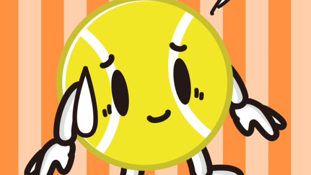 苦笑いするテニスボールちゃんのイラスト【色、背景あり】PNG