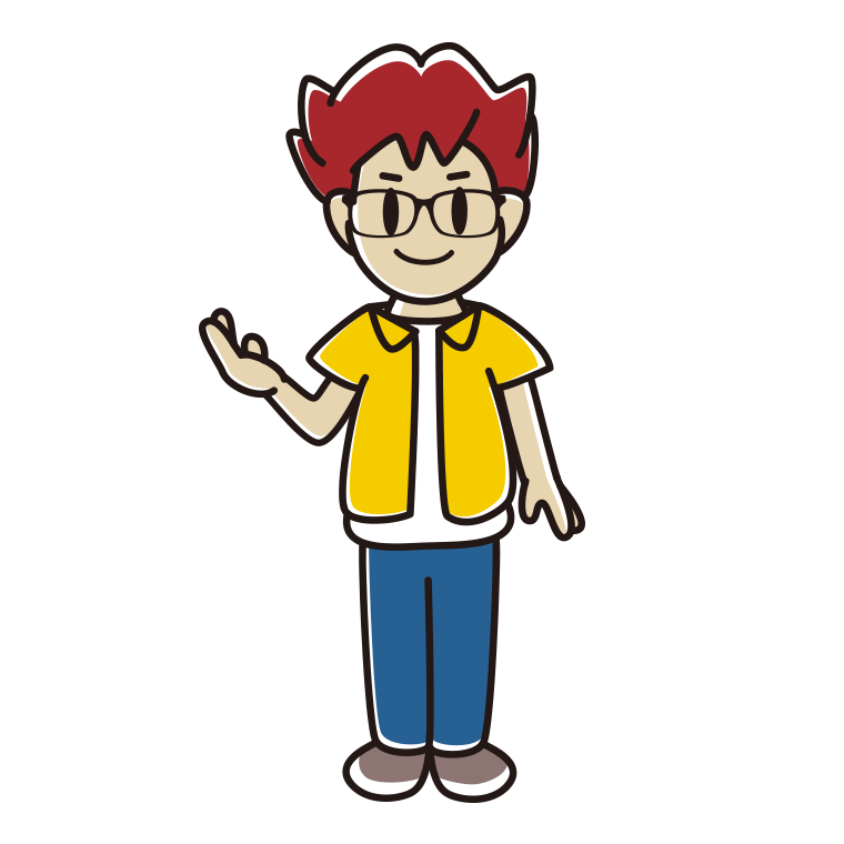 案内する眼鏡の男子大学生のイラスト【色あり、背景なし】透過PNG