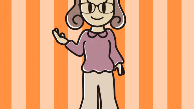 案内する眼鏡の女子大学生のイラスト【色、背景あり】PNG